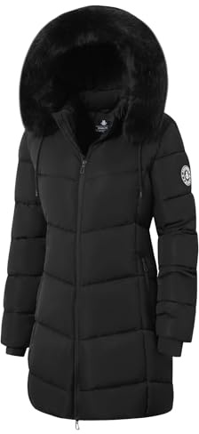 ASPO Women's Winter Puffer Coats Thicken Fleece Lined Waterproof Parka Warm Down Jacket Faux Fur Detachable Hood Hiking Snow Black XXL
