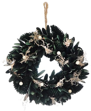 Festive Productions Couronne de Noël d'hiver de 30 cm avec cônes verts, baies blanches et feuillage saisonnier – Élégante décoration de porte festive
