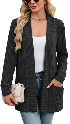 iChunhua Cardigans for Women UK Ribbed Knit Long Sleeve Longline Lightweight Open Front Outerwear Tops with Pockets (Black, Small)