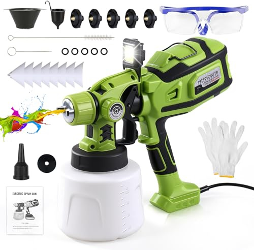 Farbsprühsystem, 850W HVLP Handfarbsprüher Farbsprühgerät mit 1400ml Farbbehälter, 5 Düsen, 45 m²-15 Min, LED-Licht, Lackierpistole für Möbel, Wände & Zäune