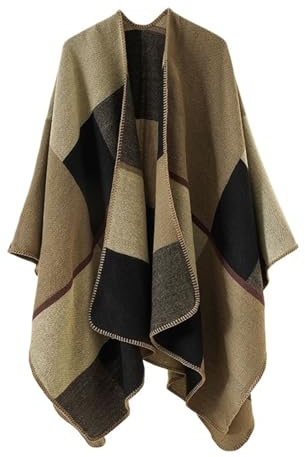 WSQHAO stickad vinter pläd halsduk kvinnor cardigan imitation kashmir poncho tjock sjal för vår höst vinter, Khaki, en storlek