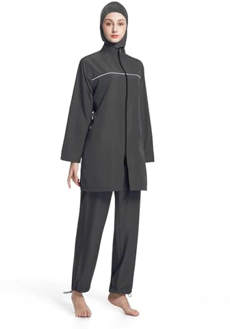 3-delade muslimska burkini-baddräkter för kvinnor, blygsamma badkläder med full täckning med långärm, byxor & hijab, främre dragkedja, Färg, L