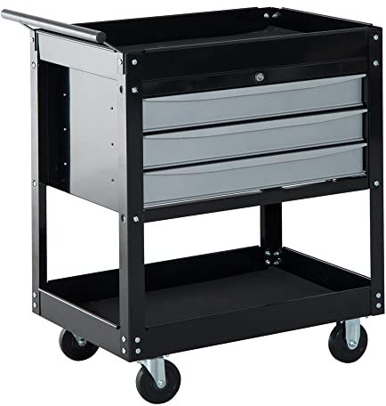Servante d'atelier Chariot à Outils Multi-rangements sur roulettes 3 tiroirs verrouillables 68 x 46 x 88 cm Noir et Gris