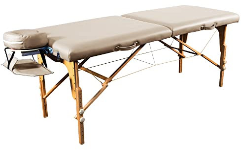 ZEN - Mobile Basic Lettino massaggio pieghevole & regolabile - Tavolino legno massiccio con poggiatesta variabile in alluminio - Panchina massaggi con braccioli e borsa trasporto (crema)