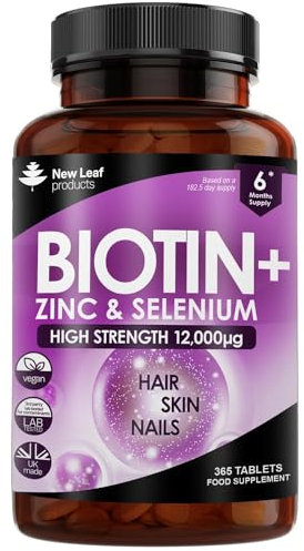 Biotin Hair Growth Vitamins 12,000mcg 365 D-Biotin Tablets Enriched with Zinc & Selenium – Vegan Hair Skin & Nails Vitamins for Women and Men High Strength Hair Vitamins - UK Made by New Leaf