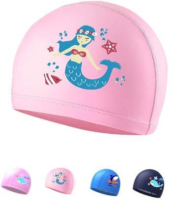 Badekappe Mädchen, Kinder 4-9 Jahren, Schwimmkappe, PU-Material (Meerjungfrau, Rosa)