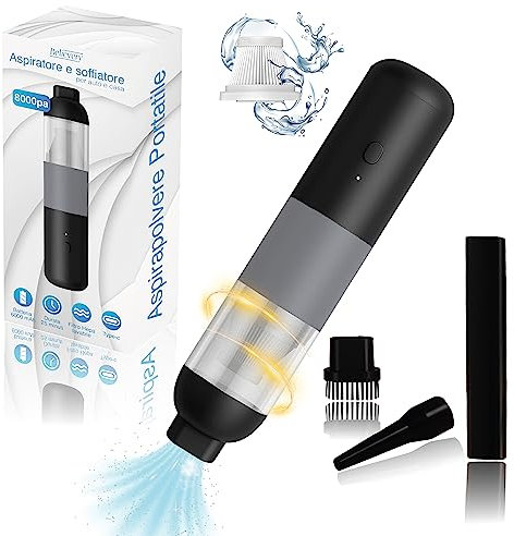 Believery, Aspirapolvere Laptop, Interni Auto, Casa, Aspirabriciole, Portatile, Potente, 8000pa, Soffiaggio Aria, Doppia Velocità, 6000mAh, Senza Fili, Peli Animali, Computer, Filtro Hepa Lavabile