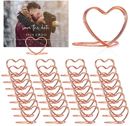 CUNGLIN Gold Table Number Place Card Holders 32 PCS, Heart Shape Photo Card Stand Business Card Card Holders for Wedding Party Mini PhotoPlaying Cards Holder Picture Menu Memo Christmas Card Clips