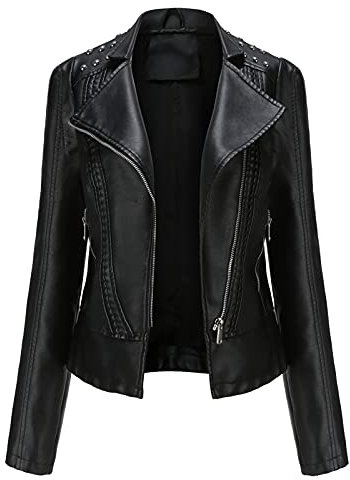 Lederjacke mit Nieten, für Damen, kurze Jacke, Reverskragen, langärmlig, mit Reißverschluss, Motorradmantel, leicht, modisch, Steampunk, Gothic, warm, lässig, Schwarz, 38