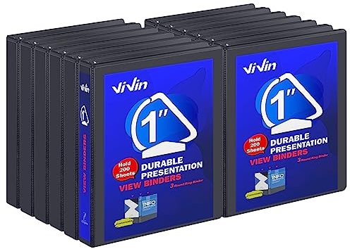 3 Ring Binder 1 Inch, ViVin Sturdy 1-Slant D Ring Binder with 2 Interior Pockets, Clear View Cover, PVC-Free, Fits 225 Sheets of US Letter Size Paper (12 Pack, Black)