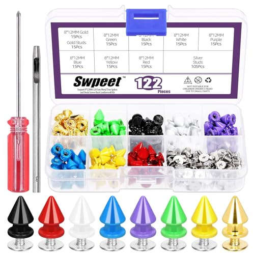 Swpeet 120 uppsättningar 12 mm metallspikar och dubbar metallisk skruvbaksats med hålslag och skruvmejsel, konspikar skruvstift nitar för gör-det-själv läderarbete punk stil klädtillbehör