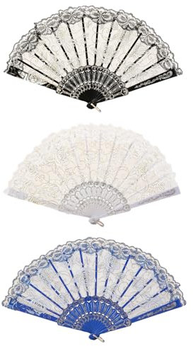 CavspkArt 3 Stück Handfächer Fächer,Jahrgang Spitzenfächer,Weiß,Schwarz und Blau Vintage Spitzenfächer,Handfächer Faltfächer für Hochzeit,Geschenke,Party Dekoration