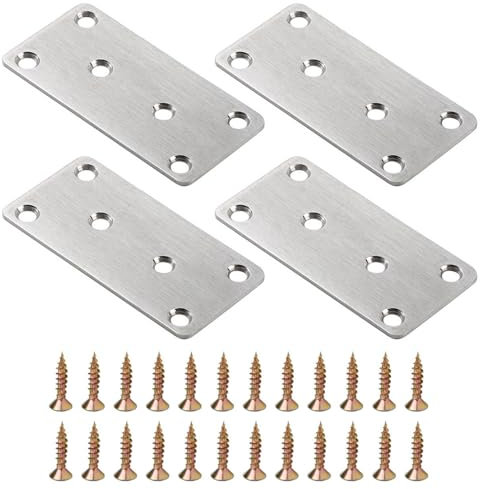 Piastre di riparazione in acciaio inossidabile con 6 fori, 4 pezzi piastra piatta con viti, staffa di giunzione diritta per mobili in metallo e legno (50 x 100 mm)