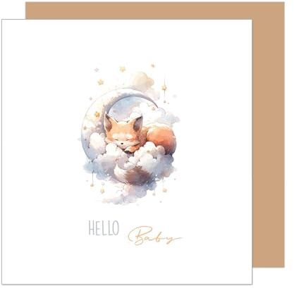 Edition Seidel Tarjeta de felicitación cuadrada premium para nacimiento con sobre, tarjeta de felicitación para bebé, Billet Hello, bebé, niño, niña, zorro, nube, luna (EQ110 SW024)