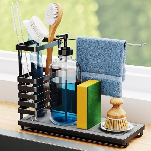 NiHome Organizador multifuncional para fregadero de cocina y baño con soporte para cepillo elevado, base de tierra de diatomeas de secado rápido, almacenamiento para botellas de detergente, esponjas