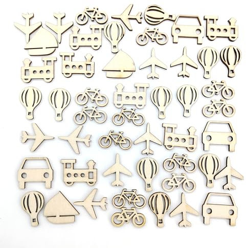CHENNAN 50 Pezzi Artigianato decorativo su trucioli di legno, Sagome in legno non finite, Aeroplani, biciclette, mongolfiere, barche a vela, automobili, 5 combinazioni di forme,Mix di quantità