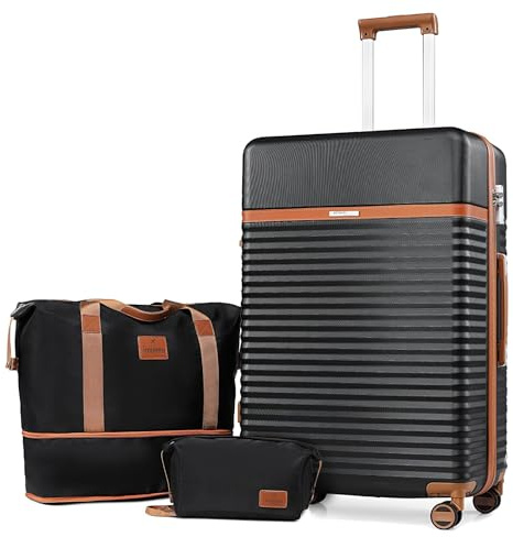Joyway Kofferset 3 Teilig von ABS Hartschalen Trolley Kofferset mit 4 Rollen und TSA Schloss Der Handgepäck Sets Enthält 1 Reisetasche und 1 Kulturbeutel Schwarz