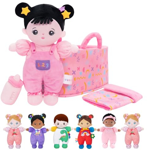 OUOZZZ 10 Pink Topknot Washable Baby Doll, Carry Case & Accessories | Includes cute doll accessories, 25cm soft plush body, ideal toddler birthday gift