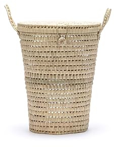 Cesta de Lavandería de Palma Natural, Diseño Tejido con Tapa y Asas, Organizador para Ropa de Mimbre (Mediano 38cm)