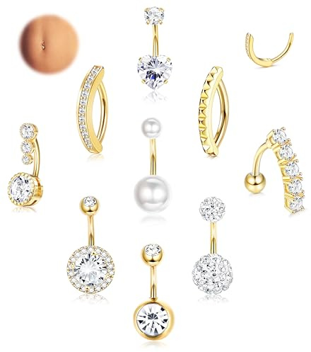 Lolias 14G Piercing Ombelico Acciaio Chirurgico - 9 Pezzi Anallergici CZ Perla Clicker Barbell Anello Cerchio 10mm Argento/Oro