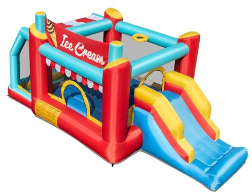 COSTWAY Castello Gonfiabile 5 in 1 per Bambini di Tema Gelato, Castello Gonfiabile con Scivolo, Canestro, Trampolino e Vasca, Gioco Gonfiabile con Anelli e Palline per Interno ed Esterno