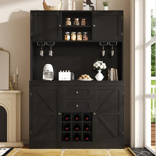 Soweiz Küchenschrank mit verstellbaren Ablagen & Weinregal, Hochschrank Küchenbuffet mit 4 Türen & 2 Schubladen, Sideboard für Küche & Wohnzimmer, Buffetschrank, 120x40x188CM (Schwarz)