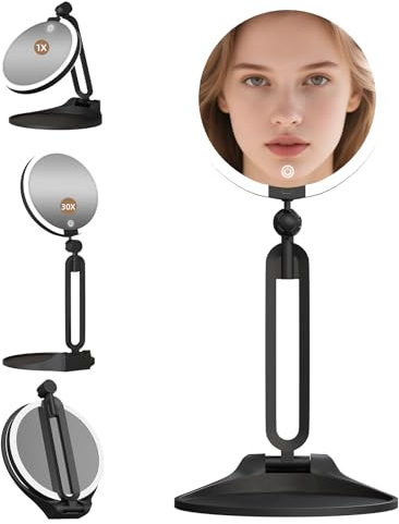 30X/1X Lighted Makeup Magnified Mirror, 6inch Double-Sided 1X/30X Magnifying Makeup Mirror with 3 Color Lights, Desktop LED 30X Magnification Rechargeable Battery, 360° Rotation Folding Bracket