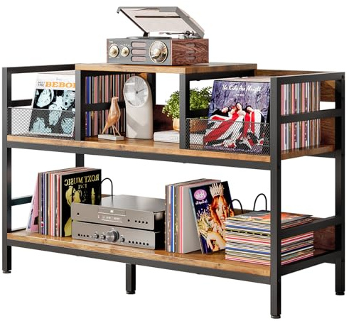 Uptyia Mueble para Tocadiscos con Almacenamiento de Vinilos, Estantería Retro de 3 Niveles para CD y DVD, Soporte para Reproductor de Discos y Altavoces, Capacidad 350 LPs, 116.5×37×77.5cm