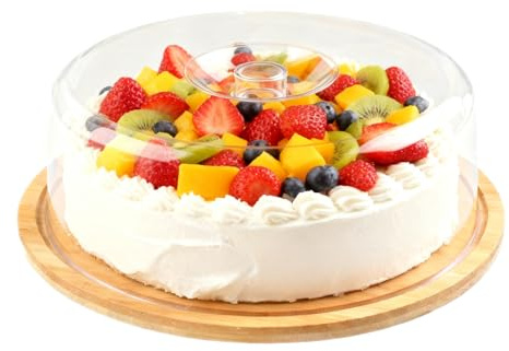 YedZen Plateau à Gateau avec Couvercle, 10inch Cloche a Gâteaux en Bois avec Transparent PS Dôme et Plateau, Ronde Plateau a Gateau avec Cloche pour Pâtisserie, Dessert, Gâteau