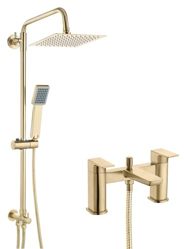 ENKI, Mykonos, BBT0275, Contemporary Bath Shower Mixer Tap with Dual Rigid Riser, Brushed Brass
