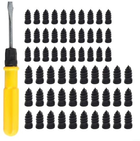 Gdfnmogo Kit de réparation de pneus de voiture 60 pièces avec clous en caoutchouc et outil de tournevis, 2 tailles pour crevaisons dans les voitures, motos, camions, bus, pneus agricoles, boîte de