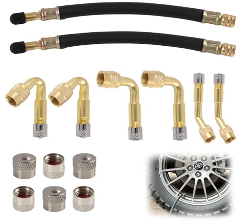 Kit Completo de Extensión de Válvula para Coches, Motos y Bicicletas con Adaptadores de Ángulo 45/90/135 Grados,Mangueras de Extensión y 12 Tapas de Válvula para Válvulas Schrader,Materiales Duraderos