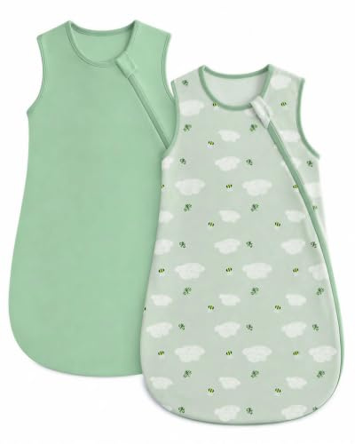 WYTbaby 2 Pack Baby Sleeping Bag 0.5 Tog - 100% Cotton Baby Sleep Sack Wearable Blanket for Infants 6-12 Months,Green Cloud Print