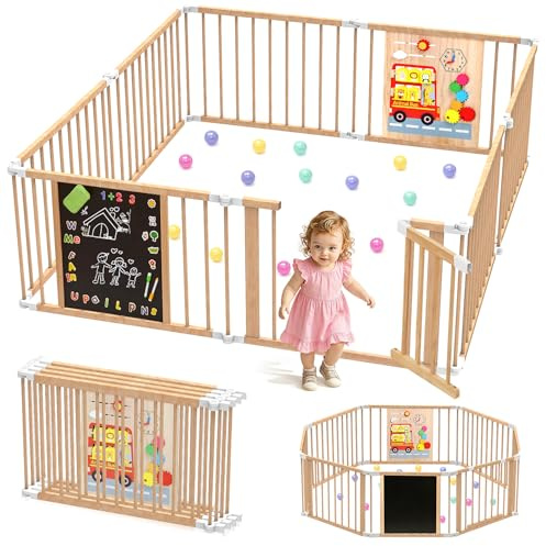 Laufstall Baby mit Spielzeug Sicherer＆Stabiler Laufgitter Faltbares aus Holz, mit Doppelseitige Zeichenplatte, individuell formbarer Krabbelgitter & Absperrgitter(165 * 165 * 65CM)