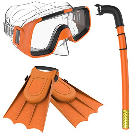 Children Kids Swimming Diving Snorkel Breathing Tube Fins Scuba Eyeglasses Set,Orange