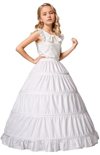 BEAUTELICATE Kids Petticoat Underskirt Girls Crinoline Pure Cotton Half Slip with 3 4 Hoops Fluffy Floor Length White for 1-16 Years Old Flower Grils Little Bridesmaids Princess Prom Dress