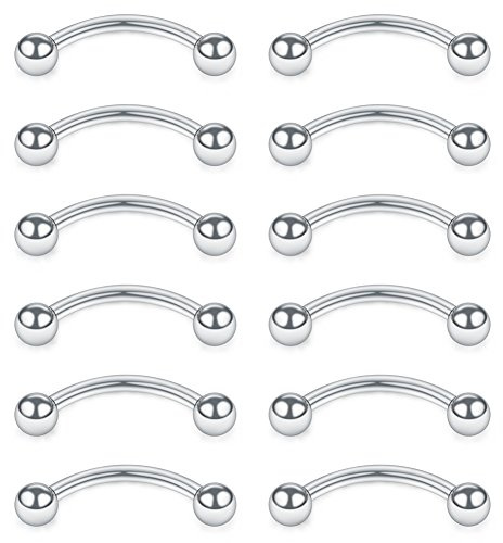 SCERRING 12PCS Stainless Steel Curved Barbell Eyebrow Tragus Helix Ear Belly Lip Ring Body Piercing Jewelry with Balls 16G 12mm