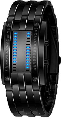 FeiWen Unisex Binär Digitale Uhren Schwarz Edelstahl Fashion Casual Stil Eckig Zifferblatt Blau LED Licht Einzigartig Armbanduhren Kalender (Herren)
