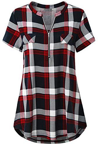 Odosalii Womens Zip Up Plaid Tunic Blouse Rolled Up Sleeve Polo Top Check Shirts (X-Large, Red-Short Sleeve)
