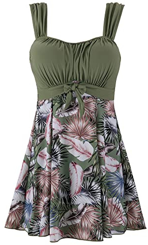 Wantdo Women's Plus Size Swim Dress Halter Neck Swimwear Feather 16-18