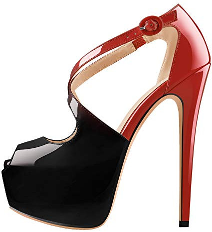 Only maker Damen Peeptoe Pumps Stiletto High Heels Riemchenpumps Schnalle Lack Schwarz Rot 37 EU