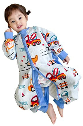 Chilsuessy Baby Ganzjahres Schlafsack 1.5 Tog Strampelsack mit Beinen Sommer Schlafanzug mit Abnehmbare Ärmel Schlafsäcke für Säugling Kleinkind, Cartoon-Gabelstapler, L/Baby Höhe 95-105cm