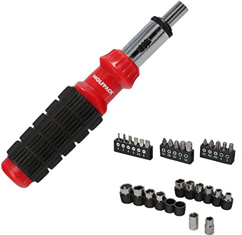 WOLFPACK LINEA PROFESIONAL Juego Destornillador Carraca con 29 piezas. (12 vasos y 16 Puntas)
