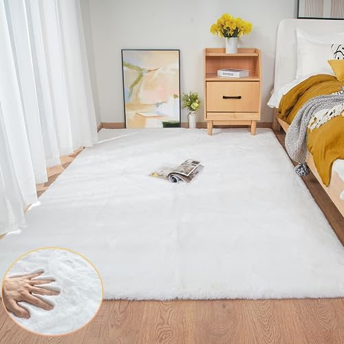 ORINOVA Tapis Blanc Fausse Fourrure Moelleux 150x215 cm Doux Tapis Salon Chambre Tapis Lavable Poil Ras White Area Carpet Rectangulaire