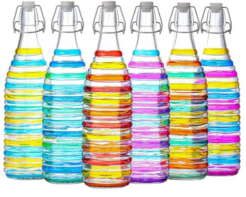 1 Litre Traditional Vintage Style Glass Bottles with Swing Top Lids - Ideal for Domestic or Commercial Use - Fill with Water, Wine, Liquor, Oil, Beer, Schnapps or Cordials. (Multicolour Stripes, 6)