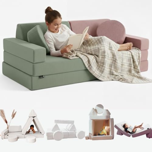 TIPICHOU Sofá Infantil Modular para niños - Sofa Cama 2 plazas Plegable Convertible – Transformable en Cama supletoria, Zona de Juego, sillón, colchón de Suelo niños (Rosa Y Verde)
