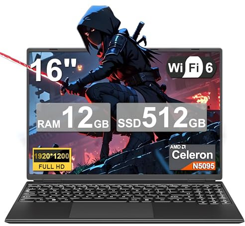 2025 Gaming Laptop 16 Zoll Win11 12+512GB SSD Unterstützung 2TB(HDD-2TB) 1920x1200 Notebook 4-Core Celeron N5095 (bis 2.9GHz) Laptop mit Nummerntastatur WiFi Mini HDMI Deutscher Tastaturschutz-Schwarz