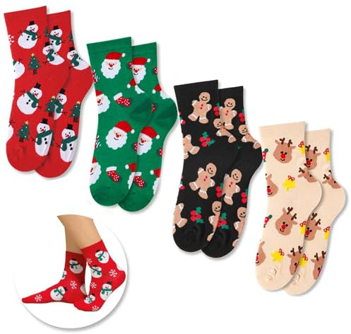 Taxtyhre Lot Chaussettes de Noël, 4 Paires Chaussettes Mignonnes pour Femmes et Hommes, Drôle