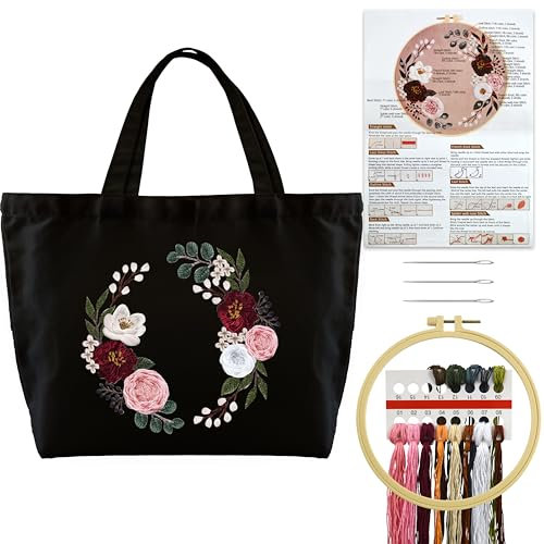 Turmaster Stickerei Set mit Canvas Tote Bag, Stickset für Anfänger, Sticken Set Erwachsene mit Blumenmuster,Stickrahmen,Fäden und DIY Stickerei Werkzeuge，Schwarz