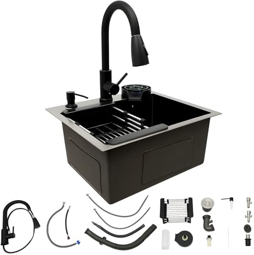 Lavello da cucina in acciaio inox, 45 x 40 cm, colore nero, con rubinetto estraibile e lavastoviglie per tazze, 1 vasca, lavello da incasso, con tubo di scarico, dispenser per sapone, cestello